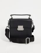 Asos Design Cross Body Structured Box Bag In Black Faux Leather With Grab Handle And Clasp
