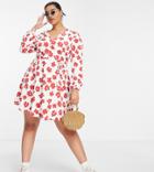 Glamorous Curve V-neck Mini Wrap Dress In Red Floral-white