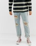 Asos Design Original Fit Jeans In Vintage Light Wash With Rips - Blue