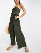 Asos Design Bandeau Plisse Beach Jumpsuit In Khaki-green