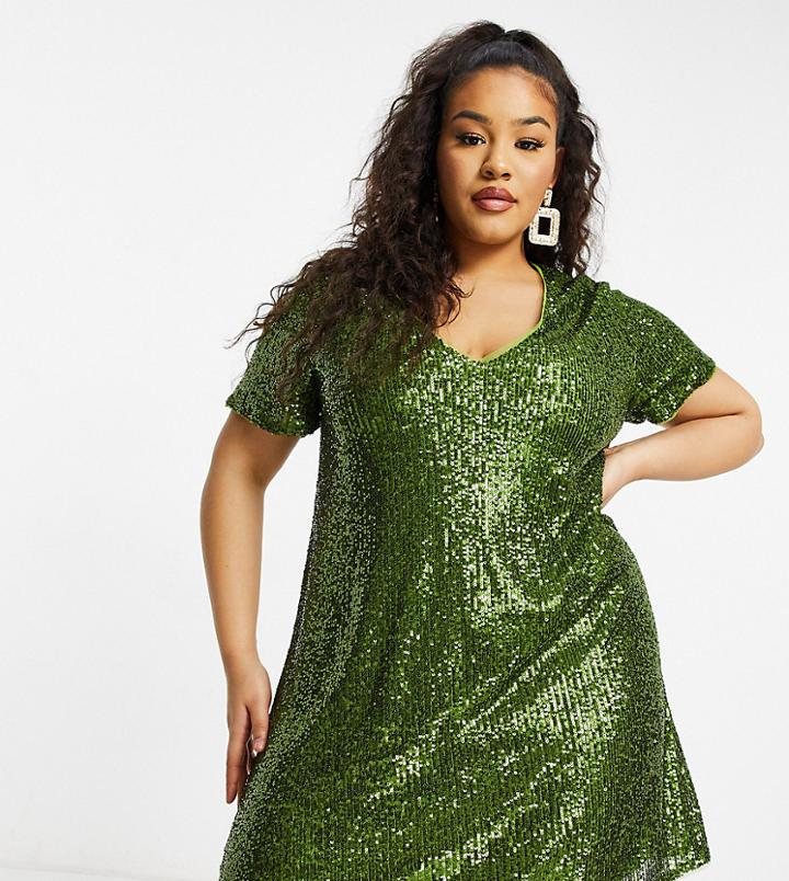 Jaded Rose Plus Sequin T-shirt Mini Dress In Olive Green