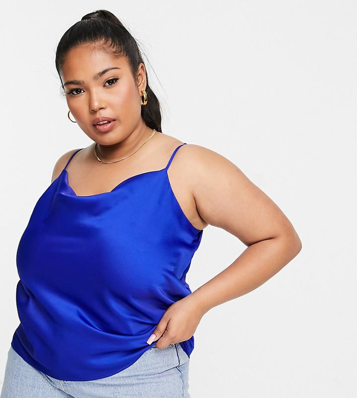 River Island Plus Satin Cowl Neck Cami In Cobalt Blue-blues