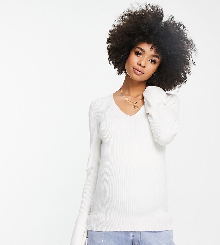 Asos Design Maternity V-neck Sweater In Rib In Cream-white