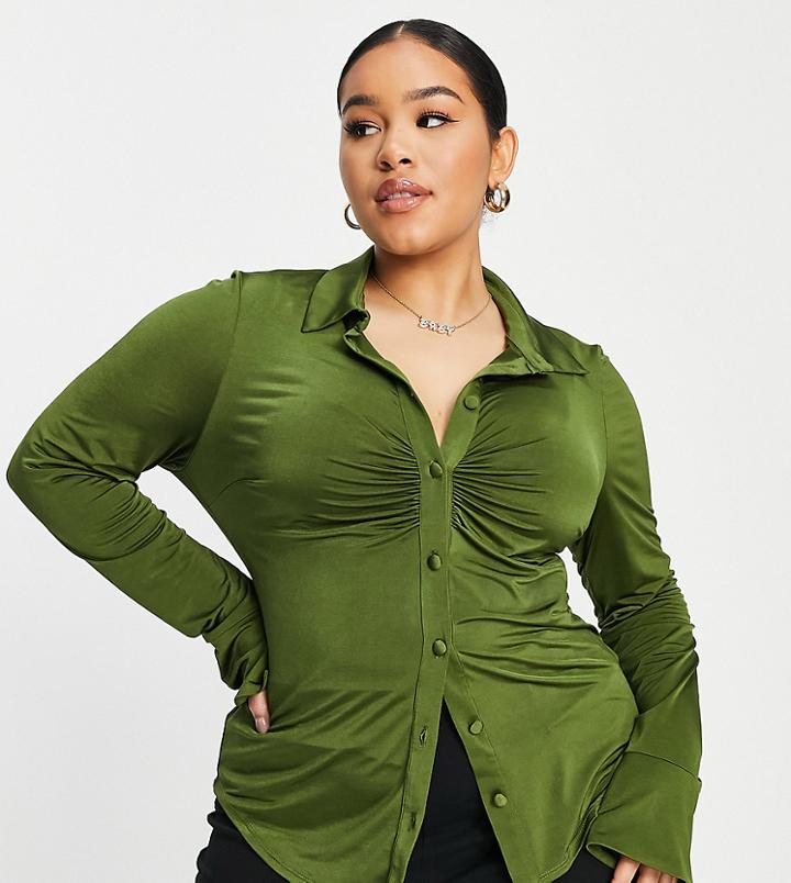 Asos Design Curve Slinky Slim Fitted Shirt With Ruching-green