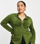 Asos Design Curve Slinky Slim Fitted Shirt With Ruching-green