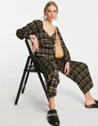 River Island Wrap Front Check Jumpsuit In Brown