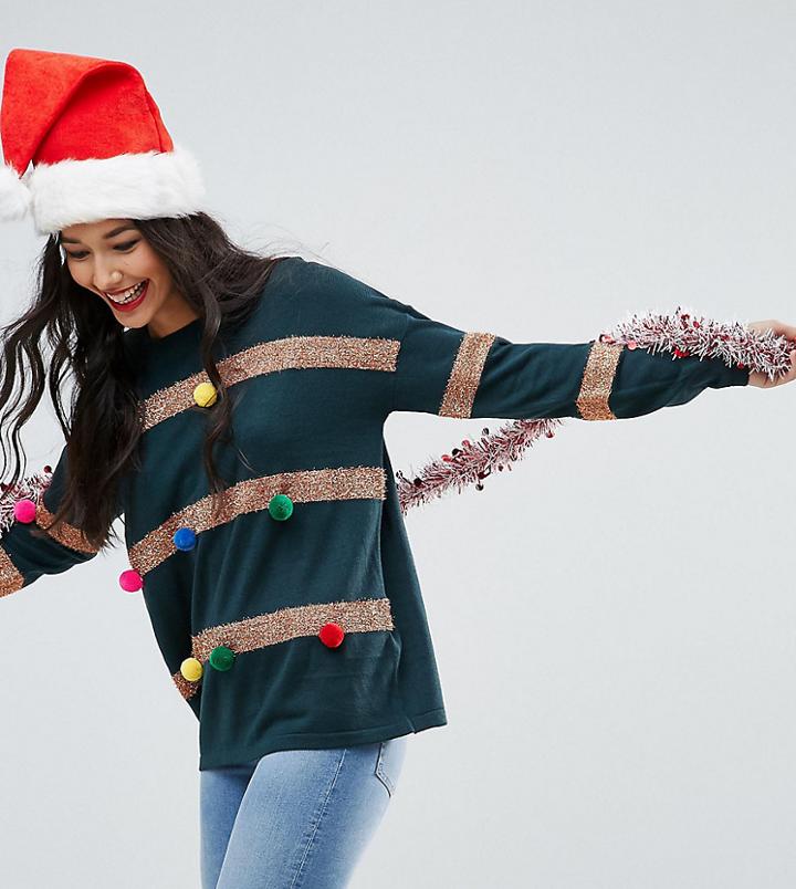 Asos Tall Holidays Tree Sweater With Pom Pom Baubles - Green