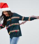 Asos Tall Holidays Tree Sweater With Pom Pom Baubles - Green