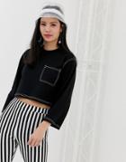 Monki Cropped Top With Contrast Stitching In Black