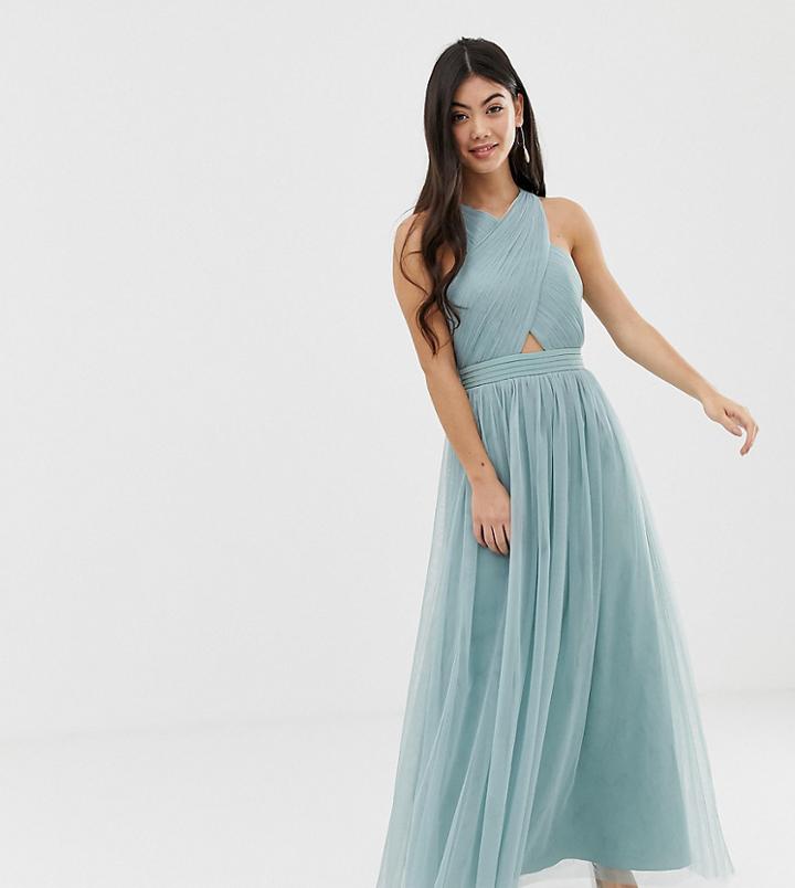 Little Mistress Petite Cross Neck Strappy Back Tulle Maxi Dress In Green-blue