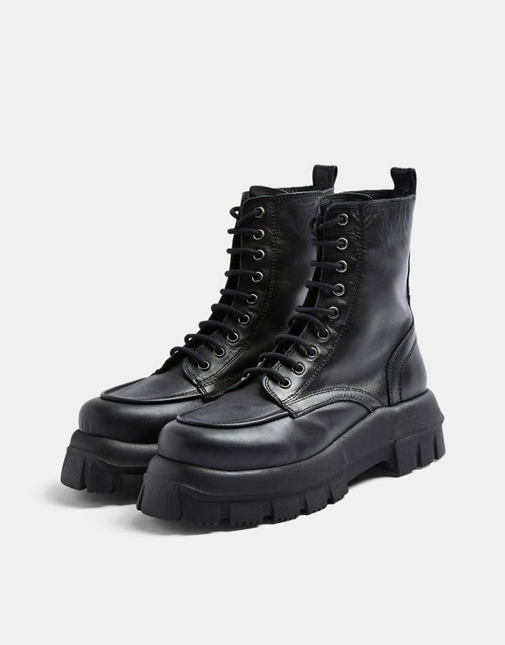 Topshop Chunky Leather Lace Up Boots In Black
