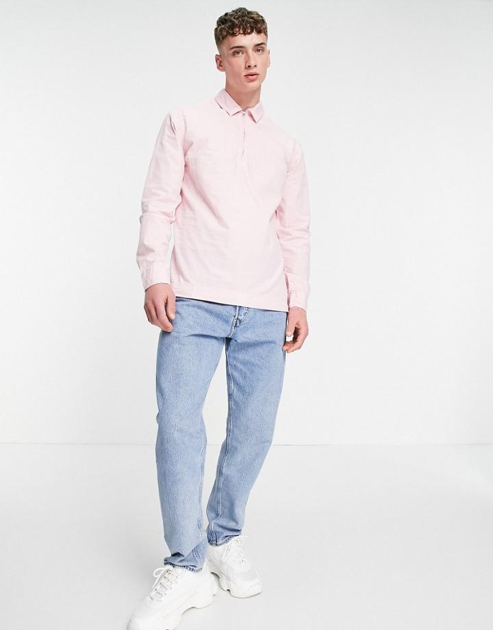 Asos Design Overhead Washed Poplin Rugby Shirt In Pink