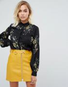 Fashion Union Baloon Sleeve Shirt In Bold Floral Bloom Print - Black