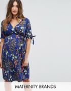 New Look Maternity Tie Sleeve Floral Wrap Dress - Navy