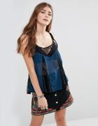 Band Of Gypsies Sheer Floral Cami With Lace Inserts - Blue