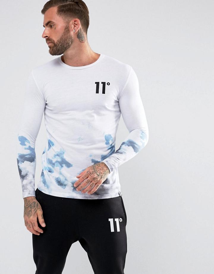 11 Degrees Long Sleeve T-shirt In White With Fade - White