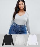 Asos Design Curve Ultimate Top With Long Sleeve And V-neck 3 Pack Save-multi