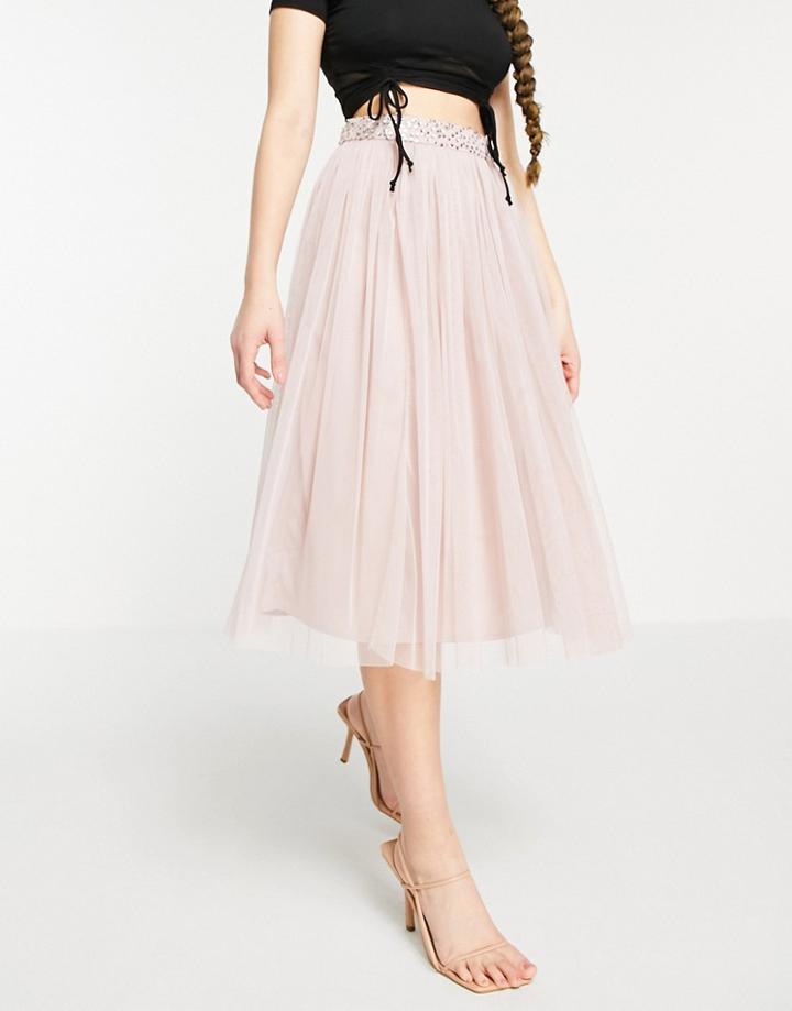 Maya Tulle Midi Skirt Set With Slit In Frosted Pink