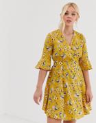 Qed London Floral Mini Wrap Dress With Frill Sleeve Detail-yellow