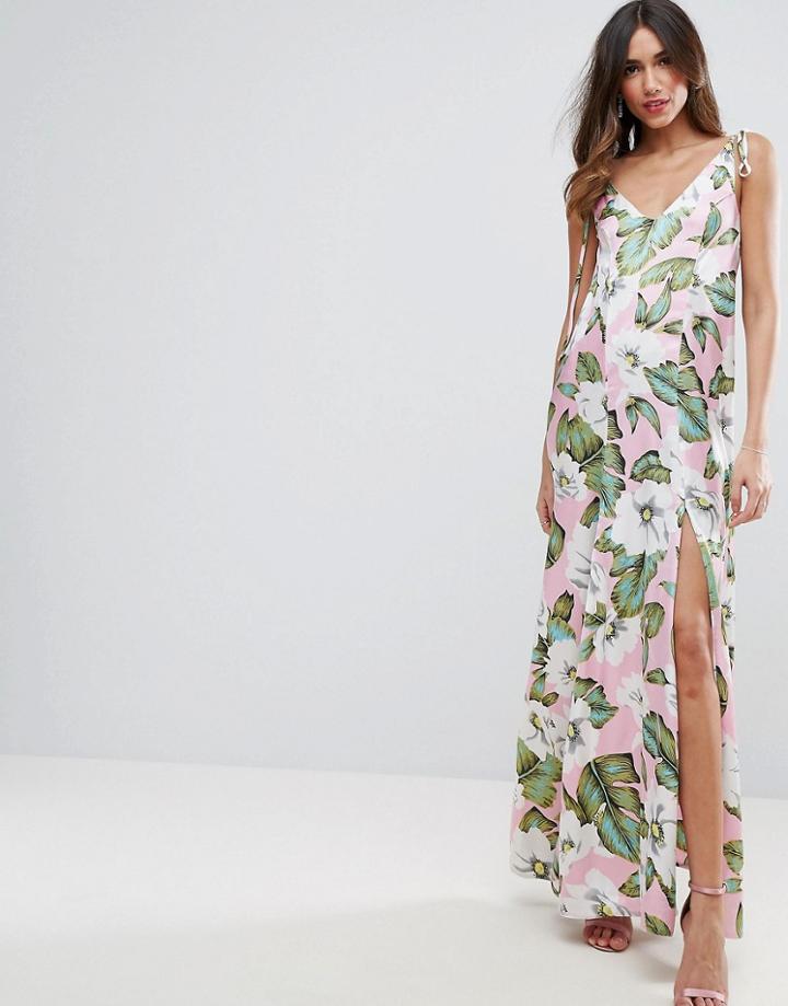 Asos Tie Shoulder Seamed Satin Printed Maxi Dress - Multi