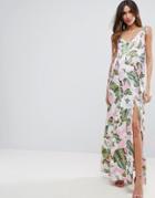 Asos Tie Shoulder Seamed Satin Printed Maxi Dress - Multi