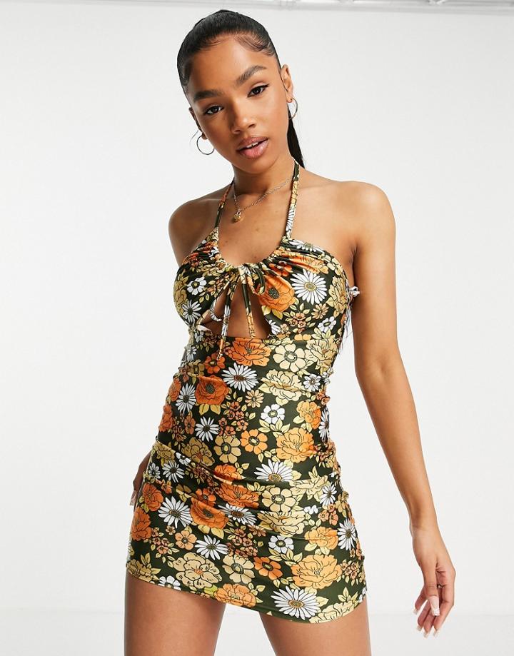 Miss Selfridge Slinky Halter Cut Out Mini Dress In Retro Floral-multi
