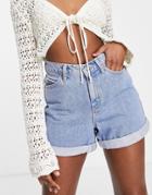 Topshop Roll Hem Denim Short In Mid Blue