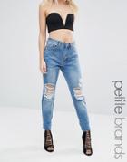 Missguided Petite High Waisted Ripped Mom Jeans - Blue