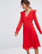 Elise Ryan Midi Skater Dress With Lace Frill Trim - Red