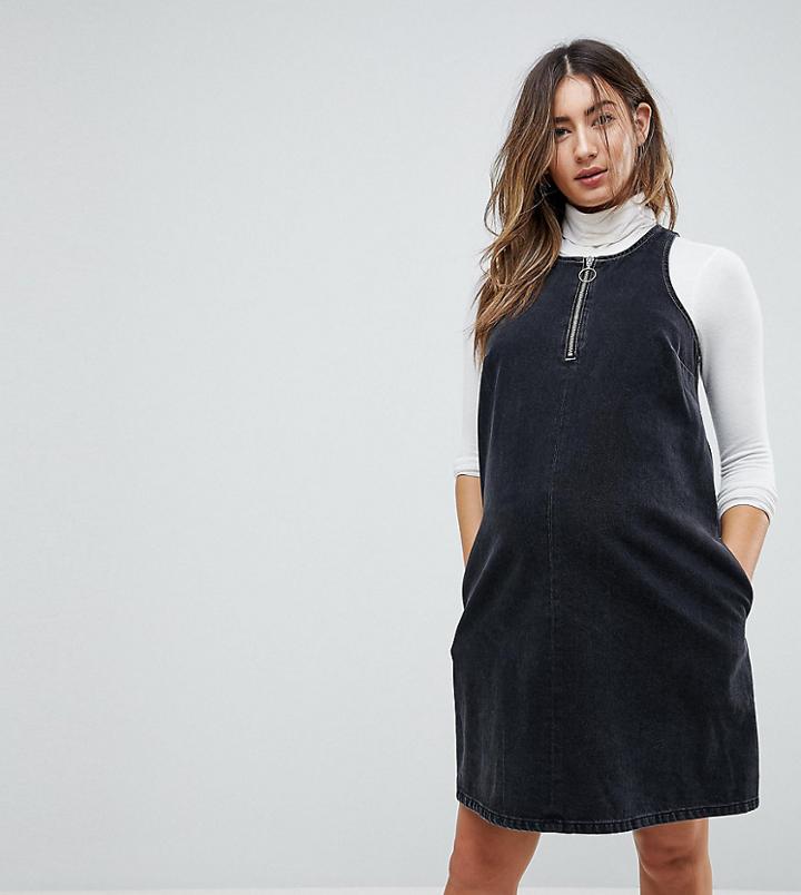 Asos Maternity Denim Shift Dress In Washed Black With Circular Ring Pull - Black