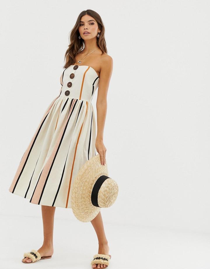 Asos Design Bandeau Midi Sundress With Coconut Buttons In Stripe - Multi