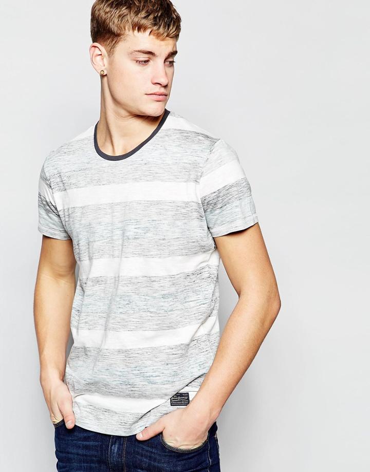 Solid Crew Neck T-shirt With Stripes - Gray