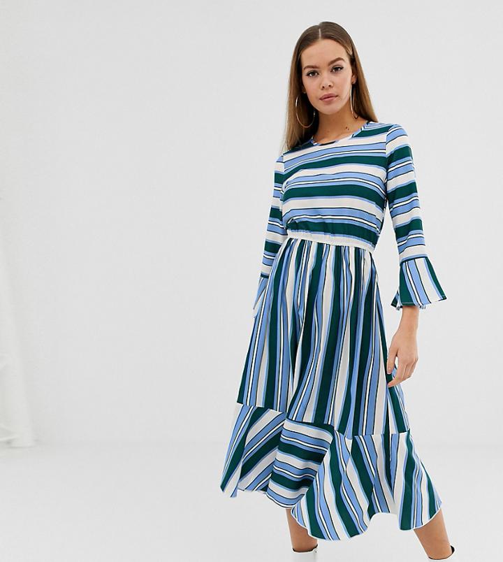Boohoo Midi Dress With Ruffle Hem In Blue Stripe - Multi