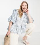 Asos Edition Curve Cutwork Eyelet Smock Top With Tonal Embroidery In Blue