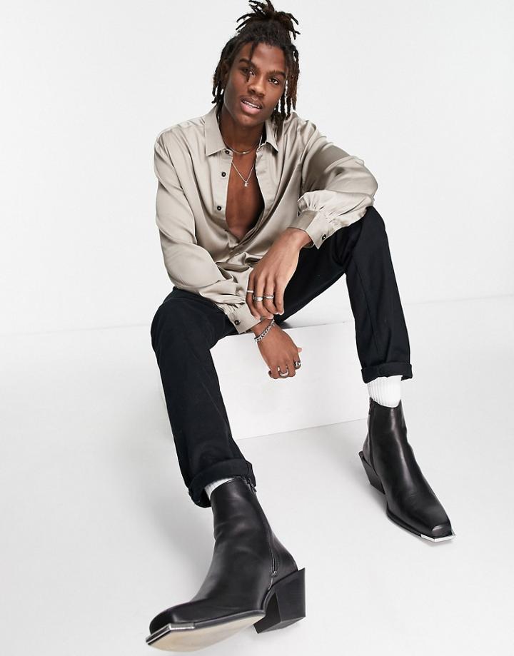 Asos Design Satin Shirt With Volume Blouson Sleeve In Recycled Polyester In Gray-neutral