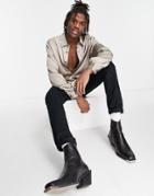 Asos Design Satin Shirt With Volume Blouson Sleeve In Recycled Polyester In Gray-neutral