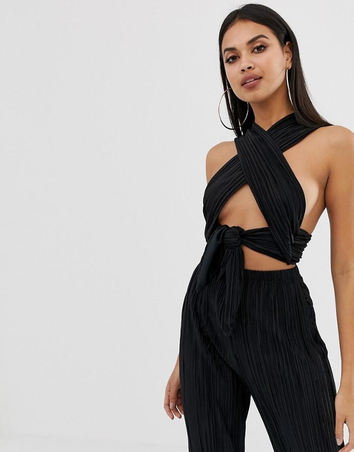 Prettylittlething Plisse Cut Our Tie Back Wrap Crop Top In Black - Black