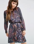 Lavand Sheer Long Sleeve Dark Floral Dress With Belt - Gray