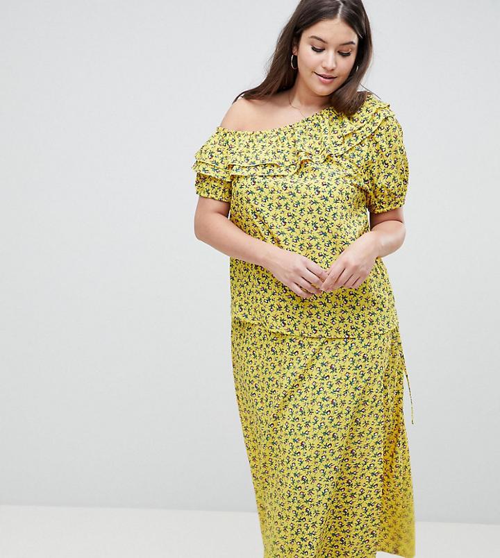 Fashion Union Plus Asymmetric Ruffle Top In Grunge Floral Co-ord - Yellow
