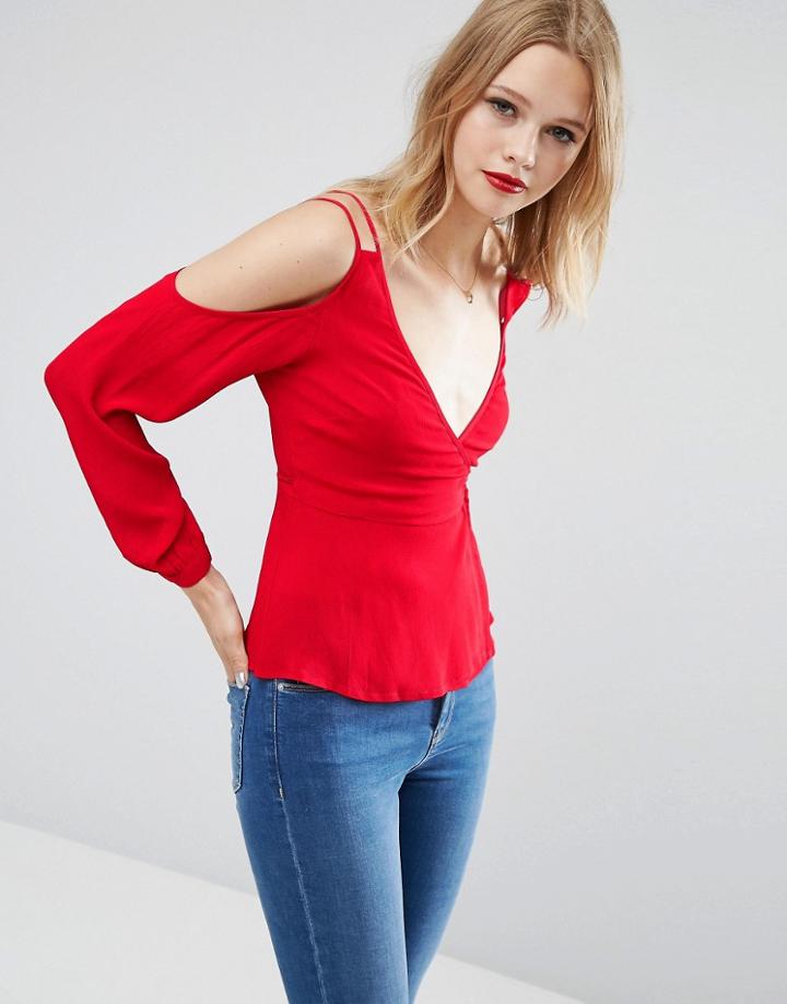 Asos Cold Shoulder Tea Blouse - Red