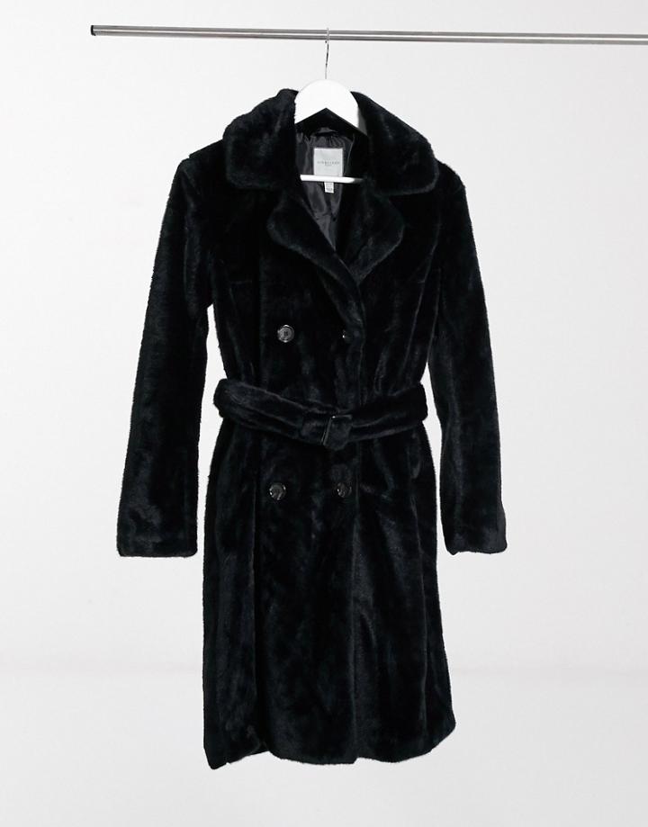 Urbancode Longline Faux Fur Belted Coat In Black