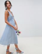 Asos Design Bridesmaid Dobby Mesh And Lace Mix Midi Dress - Blue