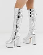 Lamoda Silver Platform Knee High Boots - Silver