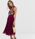 Asos Design Petite Midi Dress With Pleat Skirt And Embroidered Bodice - Gray