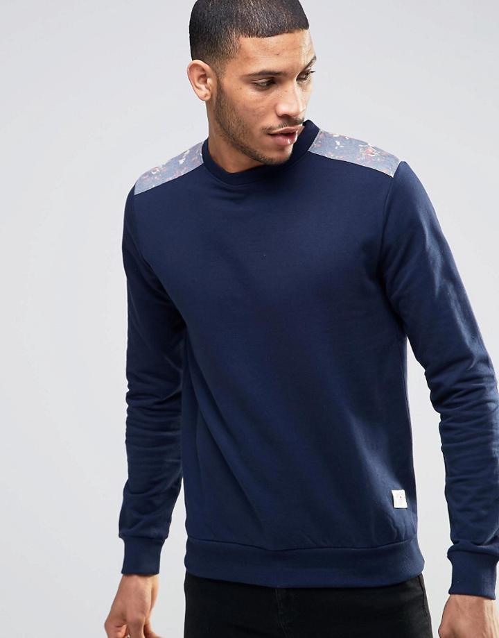 Bellfield Sweatshirt With Floral Print Shoulder And Elbow Patches - Navy