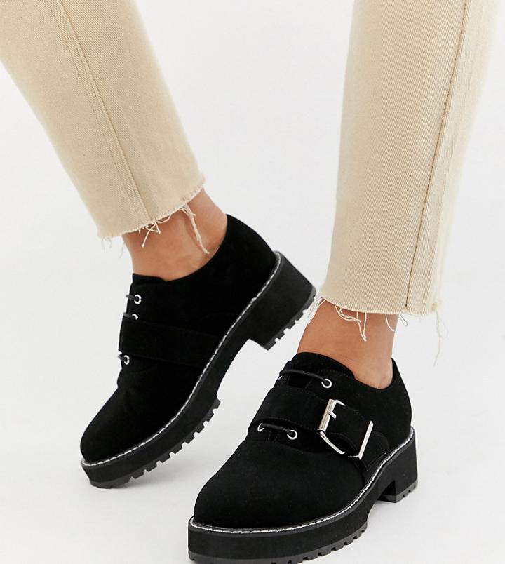 Asos Design Wide Fit Matter Chunky Lace Up Flat Shoes-black