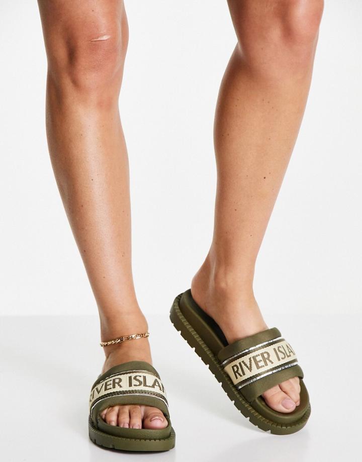 River Island Logo Tape Chunky Slider Sandal In Khaki-green