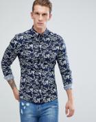 Asos Skinny Fit Shirt With Baroque Print In Navy - Navy