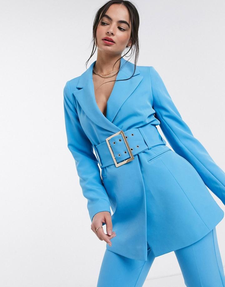 River Island Belted Blazer In Blue-blues