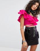 Sacred Hawk Off Shoulder Ruffle Crop Top With Ribbon Tie - Pink
